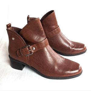 DANA BUCHMAN Dorian cognac faux leather buckle strap ankle boots